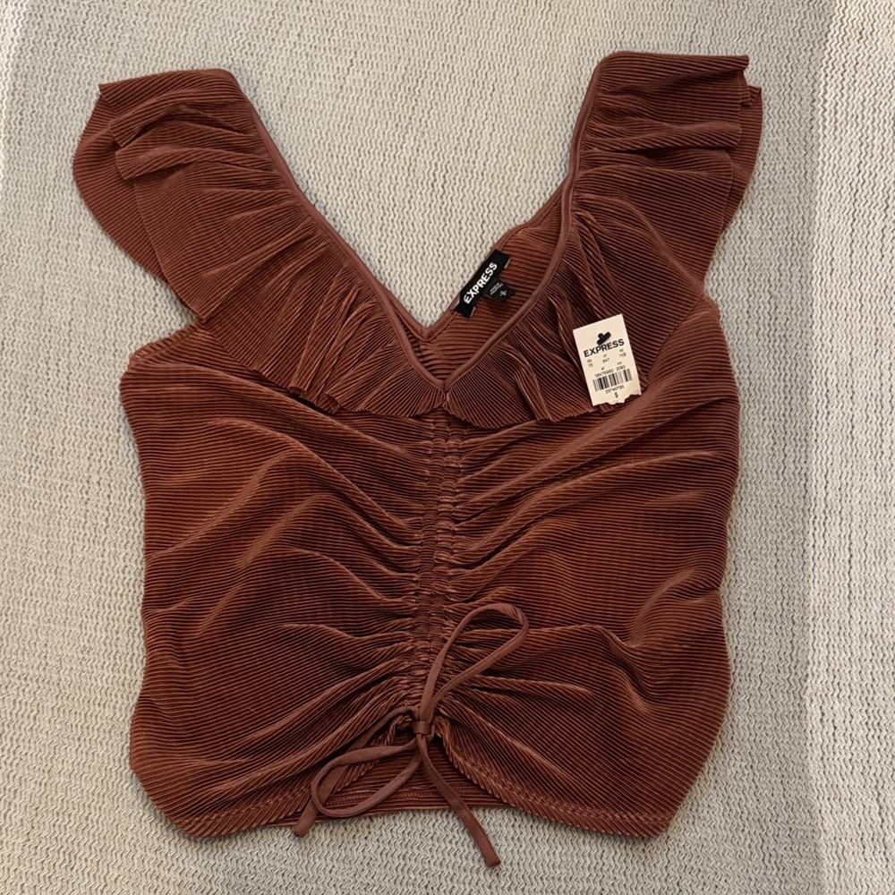 NWT Express Ruched Ruffle Sleeve Crop Top Rust Brown XS
